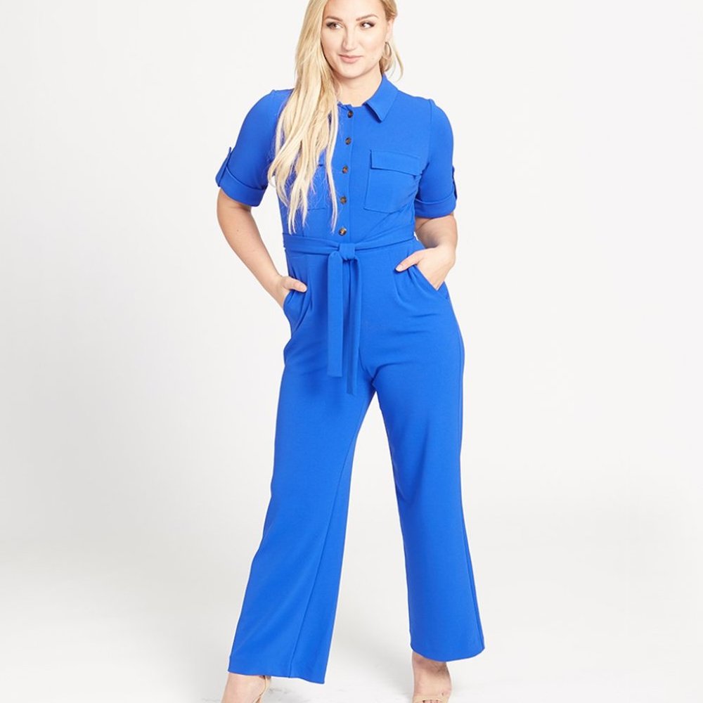 SHELBY & PALMER Blue Button-Front Rolled-Sleeve Belted Jumpsuit - Size 6